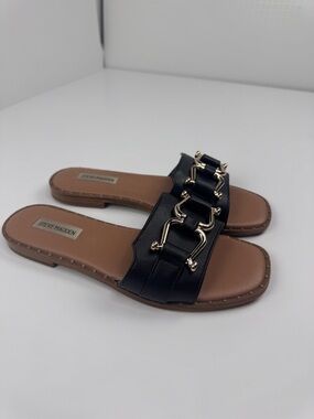 Steve Madden Black Leather Slide Mules with Gold Buckle Accents